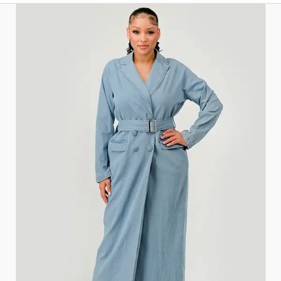 Jackets & Blazers - Blue Denim Maxi Trench Coat Jean Dress Jacket Womens Size 3X waist tie unbranded